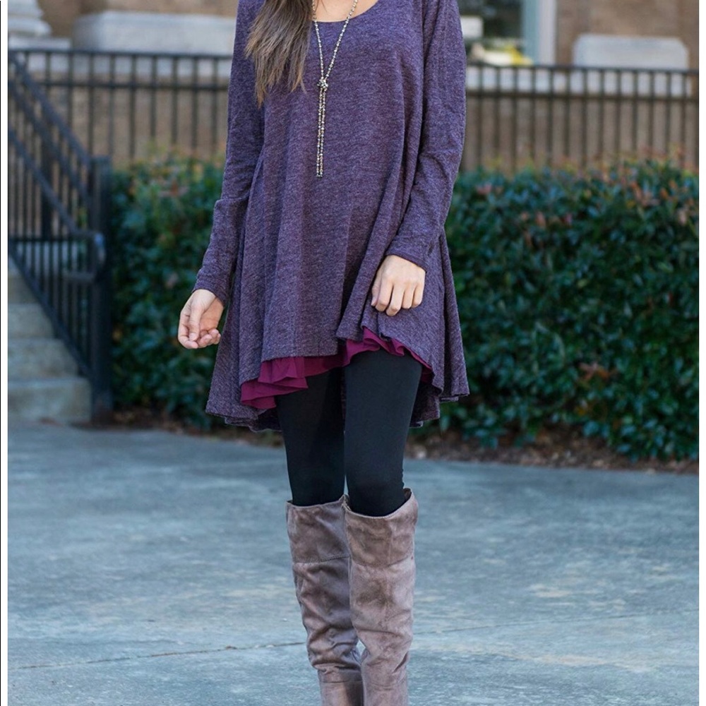 Long Sleeve Lace Hem Layered Tunic Loose Fit Dress